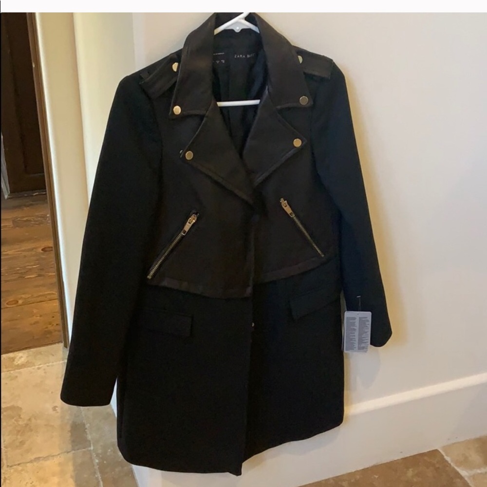 Zara pea coat with gold detail and leather
